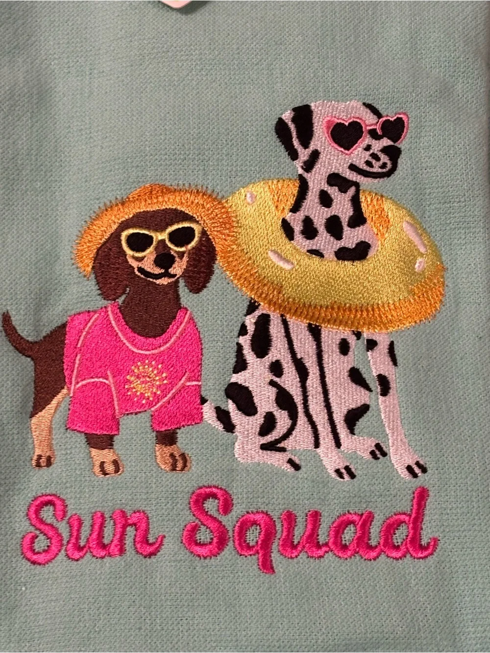 Set of 2 Embroidered Kitchen towels with 'Sun Squad' Aqua Dog